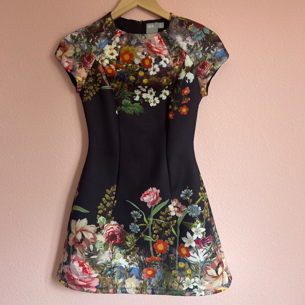 Black floral mini dress fit and flare ASOS 2